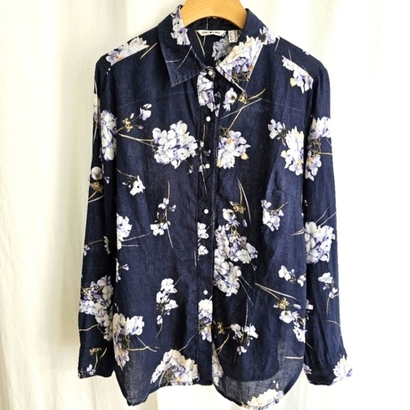 Punt Roma Navy Blue Floral Print Linen Blouse - Picture 5 of 16